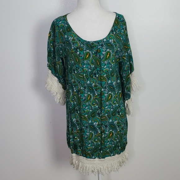 Umgee Green Paisley Tunic Fringe Dress, Size S - Picture 2 of 8